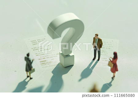 A businessman looking at a big question mark and thinking (3D) A businessman looking at a big question mark and thinking (3D) 111665080