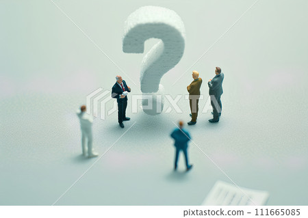 A businessman looking at a big question mark and thinking (3D) 111665085