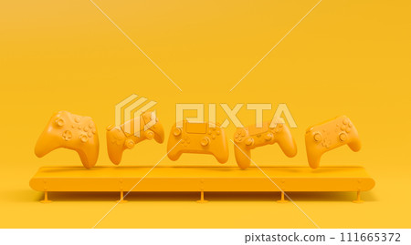 Set of gamer joysticks or gamepads on factory line on monochrome background. 3d render concept of sale, discount, shopping and delivery of accessories for live streaming concept top view 111665372