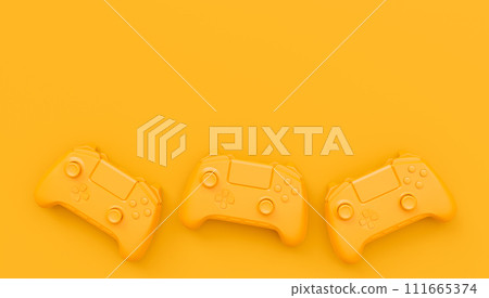 Video game joysticks or gamepads in plain monochrome yellow color background with copy space. 3D render of streaming gear for cloud gaming and gamer workspace concept Video game joysticks or gamepads in plain monochrome yellow color background with copy space. 3D render of streaming gear for cloud gaming and gamer workspace concept 111665374
