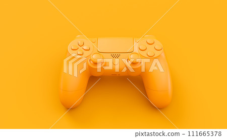 Video game joystick or gamepad in plain monochrome yellow color background with copy space. 3D render of streaming gear for cloud gaming and gamer workspace concept Video game joystick or gamepad in plain monochrome yellow color background with copy space. 3D render of streaming gear for cloud gaming and gamer workspace concept 111665378
