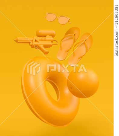 Colorful beach accessories on monochrome background. 3D render of summer vacation concept and holidays Colorful beach accessories on monochrome background. 3D render of summer vacation concept and holidays 111665383