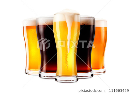 AI-generated content. Set of Beer glasses on a white background. Mugs with fresh, cool foamy beer like Ipa, Pale Ale, Pilsner, Porter or Stout 111665439