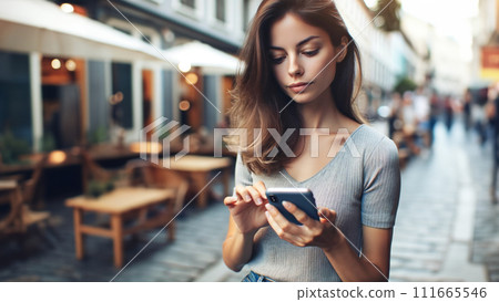 AI image of a woman looking at a smartphone 111665546