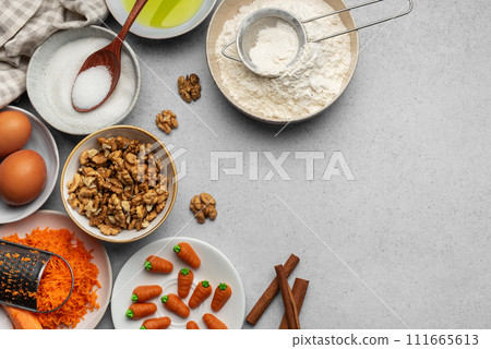 Ingredients for baking carrot cake 111665613