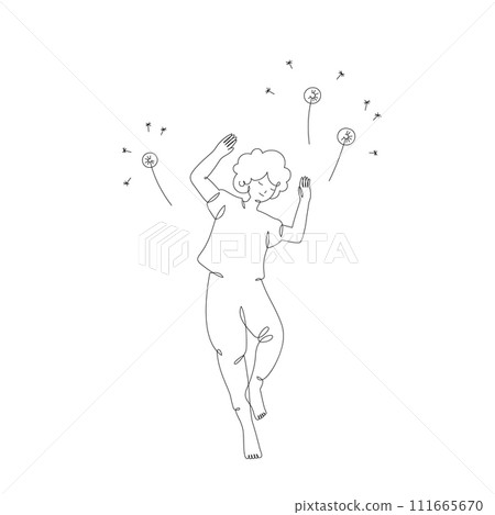 Sleeping girl with dandelions, top view, isolated line art illustration Sleeping girl with dandelions, top view, isolated line art illustration 111665670
