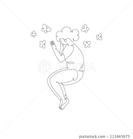 Sleeping girl with butterflies, top view, isolated line art illustration 111665675