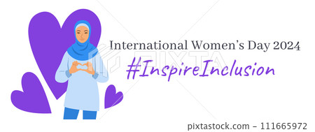 Inspire inclusion campaign pose. International Women's Day 2024 theme banner. Smiling Muslim woman makes heart symbol with hands to stop discrimination and stereotypes. Gender equal inclusive world Inspire inclusion campaign pose. International Women's Day 2024 theme banner. Smiling Muslim woman makes heart symbol with hands to stop discrimination and stereotypes. Gender equal inclusive world 111665972