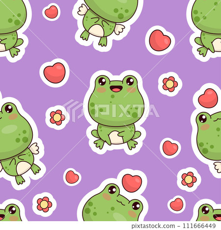 Seamless pattern with little frogs on purple background with hearts. Cute kawaii animal character. Vector illustration. Kids collection. Seamless pattern with little frogs on purple background with hearts. Cute kawaii animal character. Vector illustration. Kids collection. 111666449