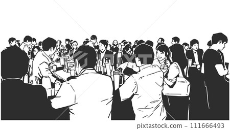 Ink illustration of crowded pub, izakaya in black and white 111666493