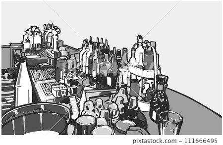 Illustration of pub, bar beer wine counter in black and white 111666495