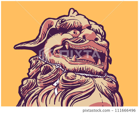 Vector illustration, t-shirt design of Japanese, Chinese dog, guardian lion statue figure in color 111666496