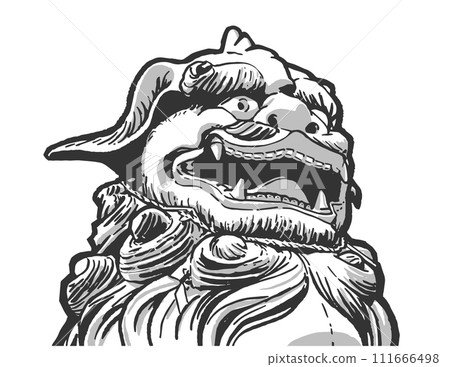 Vector illustration, t-shirt design of Japanese, Chinese dog, guardian lion statue figure in black and white 111666498