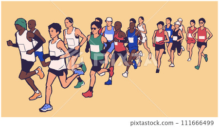 Stylized illustration of marathon runners in color 111666499