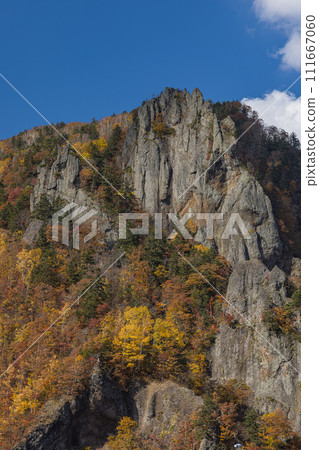 日本：北海道札幌市南區定山溪豐平峽大壩的觀景台上可以看到山谷、千疊岩和秋葉 111667060
