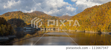 Japan: Lake Sapporo, an artificial lake created by Jozankei Dam in Minami Ward, Sapporo City, Hokkaido, and autumn leaves Japan: Lake Sapporo, an artificial lake created by Jozankei Dam in Minami Ward, Sapporo City, Hokkaido, and autumn leaves 111667347
