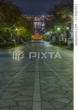 從日本北海道函館元町的八幡坂看城市和函館港的夜景 111667631