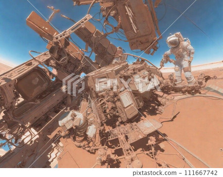 太空人檢查在火星上墜毀的太空船的殘骸 太空人檢查在火星上墜毀的太空船的殘骸 111667742