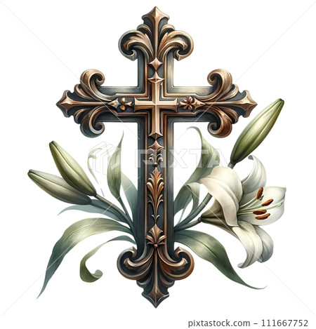 Cross with lily flower watercolor for easter clipart 111667752