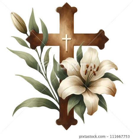 Cross with lily flower watercolor for easter clipart 111667753