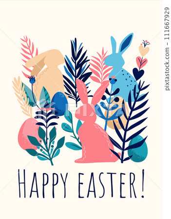 Easter card with a bunny and eggs. Vector minimalistic illustration for children, square card on a blue background. 111667929