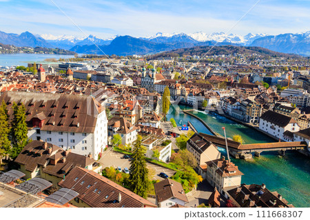 View of the Reuss river and old town of Lucerne (Luzern) city, Switzerland. View from above View of the Reuss river and old town of Lucerne (Luzern) city, Switzerland. View from above 111668307
