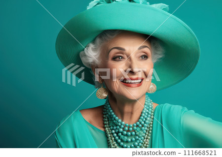 AI-generated content. Joyful Elderly Lady with Wisdom and Charm, Posing for a Closeup Portrait on White Background AI-generated content. Joyful Elderly Lady with Wisdom and Charm, Posing for a Closeup Portrait on White Background 111668521