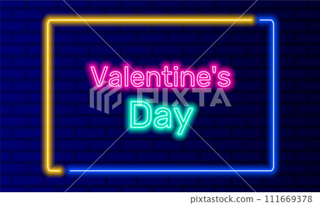 Neon sign valentine day in speech bubble frame on brick wall background vector. Light banner on wall background. Valentine day button lovers holiday, design template, neon signboard Neon sign valentine day in speech bubble frame on brick wall background vector. Light banner on wall background. Valentine day button lovers holiday, design template, neon signboard 111669378