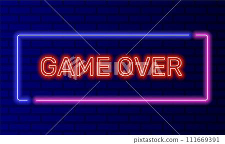 Neon sign game over in speech bubble frame on brick wall background vector. Light banner on the wall background. Game over button finish waste lose, design template, night neon signboard Neon sign game over in speech bubble frame on brick wall background vector. Light banner on the wall background. Game over button finish waste lose, design template, night neon signboard 111669391
