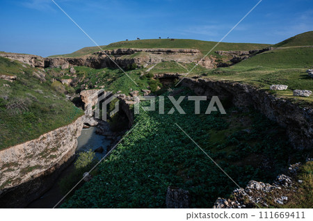 Panoramic view of Aksu River canyon in Kazakhstan in spring Panoramic view of Aksu River canyon in Kazakhstan in spring 111669411