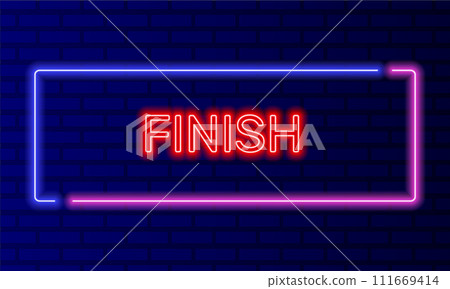 Neon sign finish in speech bubble frame on brick wall background vector. Light banner on the wall background. Finish button virtual reality, design template, night neon signboard Neon sign finish in speech bubble frame on brick wall background vector. Light banner on the wall background. Finish button virtual reality, design template, night neon signboard 111669414