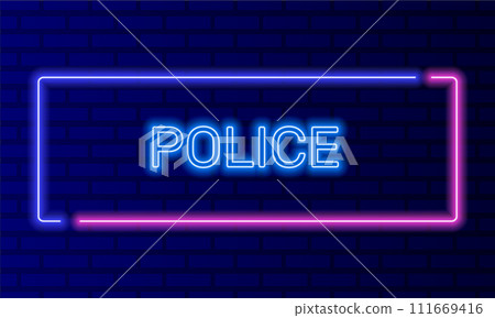 Neon sign police in speech bubble frame on brick wall background vector. Light banner on the wall background. Police office button cops and crime, design template, night neon signboard Neon sign police in speech bubble frame on brick wall background vector. Light banner on the wall background. Police office button cops and crime, design template, night neon signboard 111669416