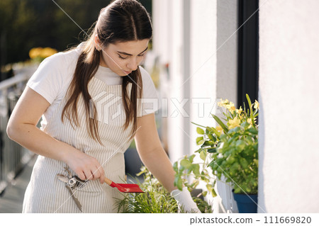 Attractive woman start landing on balcony. Young female in light striped overalls planting 111669820