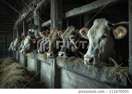 AI-generated content. A row of cows eating hay in a barn 111670095