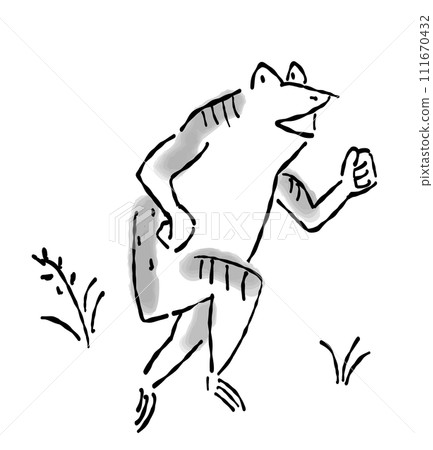 An anthropomorphic illustration of a frog with a Japanese painting (ink painting) touch - running 111670432
