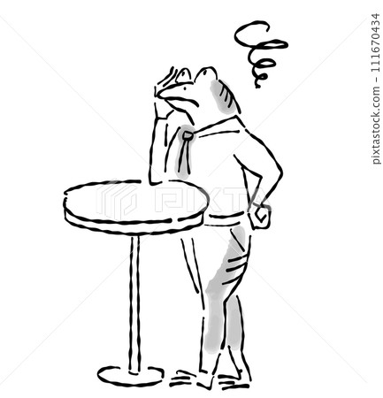 An anthropomorphic illustration of a frog with a Japanese painting (ink painting) touch - Worry 111670434