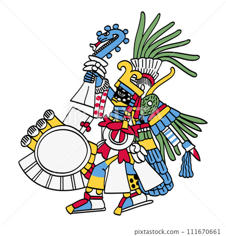 Huitzilopochtli, patron god of the Aztecs and capital city Tenochtitlan. Solar and war deity of sacrifice, wielding Xiuhcoatl, the fire serpent, as weapon, as he is depicted in the Codex Borbonicus. Huitzilopochtli, patron god of the Aztecs and capital city Tenochtitlan. Solar and war deity of sacrifice, wielding Xiuhcoatl, the fire serpent, as weapon, as he is depicted in the Codex Borbonicus. 111670661
