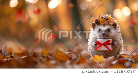 秋天森林裡帶著禮物的刺猬 秋天森林裡帶著禮物的刺猬 111670757