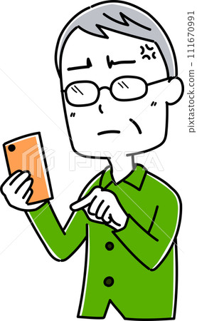 Pose 4 of an elderly man holding a smartphone 111670991