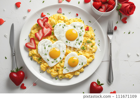 Valentine's Day breakfast - heart-shaped scrambled eggs. 111671109