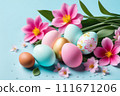Colorful Easter eggs and blooming pink flowers on light blue background. 111671206