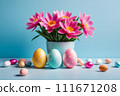 Colorful Easter eggs and blooming pink flowers on light blue background. 111671208