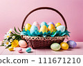 Basket with colorful Easter eggs and blooming flowers on the table on pink background. 111671210