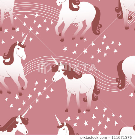 Vector seamless pattern with unicorns among stars in warm cocoa colors 111671576