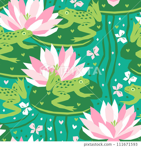 Vector seamless pattern with frogs and water lilies and flying butterflies over the pond 111671593