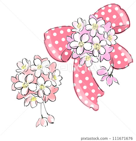 Illustration of cherry blossom corsage with polka dot ribbon 111671676
