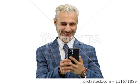Man, close-up, on a white background, using a phone 111671859