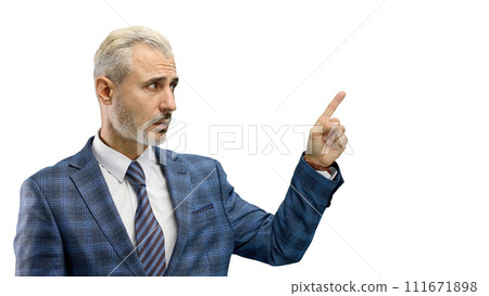 Man, close-up, on a white background, pointing up 111671898