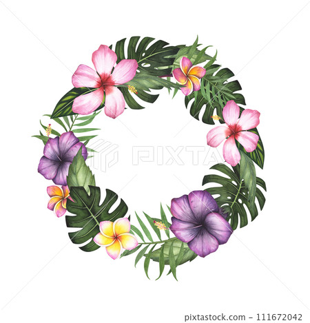 Wreath frame tropic leaf Monstera and flowers hibiscus, plumeria, palm watercolor isolated on white background. Watercolor hand drawn botanical illustration. Art design for packaging, template, poster 111672042