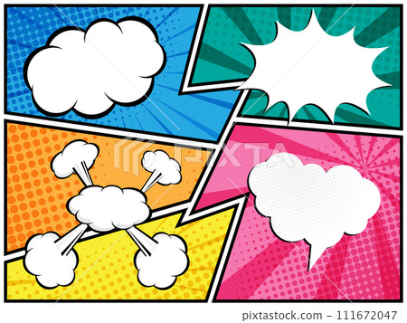 abstract comic book, pop art cartoon layout template halftone dotted background with blank space for add your text abstract comic book, pop art cartoon layout template halftone dotted background with blank space for add your text 111672047